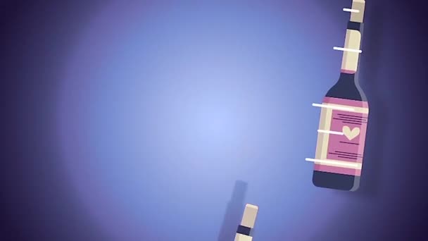 Animation abstraite de bouteilles de vin volantes sur fond bleu. Boissons de fête . — Video