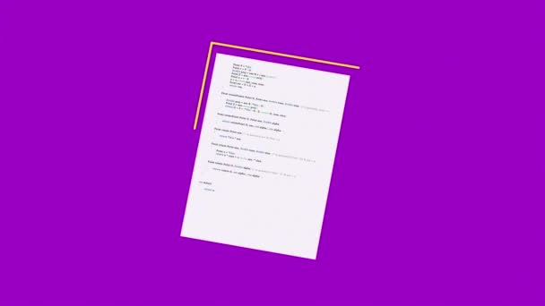 Animação da comparação de pilha de papel com código de computador e dois livros em um fundo roxo. Factos informáticos . — Vídeo de Stock