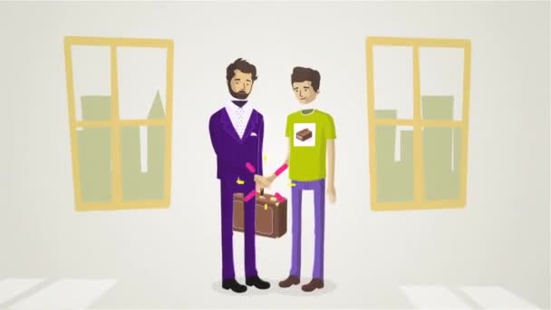 Animatie van zakenman en een andere man handen schudden in kantoor op een witte achtergrond. Concept van samenwerking. — Stockvideo