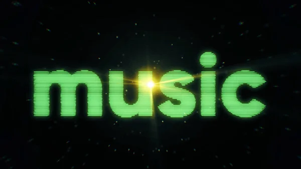 Αφαιρετικό animation λέξη μουσικής σε μαύρο φόντο. Κινούμενο φόντο με τη μετακίνηση μουσικής επιγραφή λέξη σε νέον λωρίδα. Φόντο για διακοπές ή ντίσκο — Φωτογραφία Αρχείου