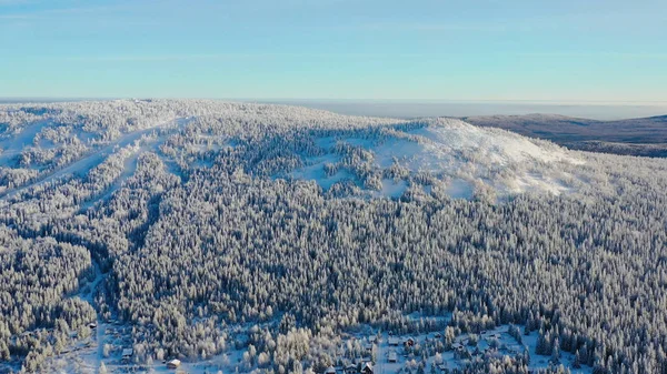 Bovenaanzicht van heuvel bedekt met sneeuw. Beeldmateriaal. Winterlandschap van bergen met dichte naaldhout bos bedekt met sneeuw en mistig horizon met blauwe lucht — Stockfoto