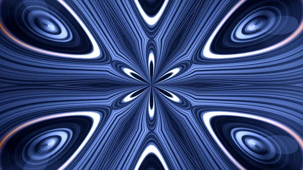 Abstraktní, modré, symetrický vzor, okrasné dekorativní kaleidoskop s pohyblivými geometrické údaje v hvězdy tvarů, bezešvé smyčka. Ilustrované tvary peří pohybující se donekonečna. — Stock fotografie