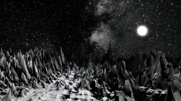 Kosmische, monochrome Landschaft, Umgebung des felsigen Planeten, detailliertes Oberflächenrelief, Science-Fiction-Konzept. Planet mit scharfen Felsen im Raum am Sternenhimmel. — Stockvideo