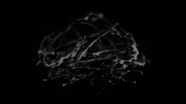 Abstrakt flyvende sort plet. 3D animation af sort væske langsomt bevæger sig og flyver i rummet på sort baggrund. Virkningen af spild af væske, eller det ændrer sig under flyvning – Stock-video