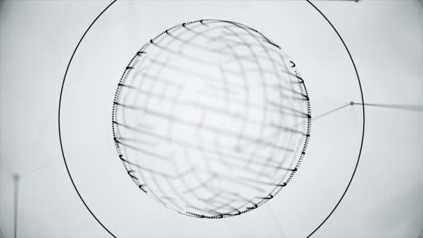Abstract cirkels met stippellijnen op witte achtergrond draaien. Pelxi van punt lijnen in roterende bol met cirkels afwijken van het op witte achtergrond met bewegende lijnen en punten — Stockvideo