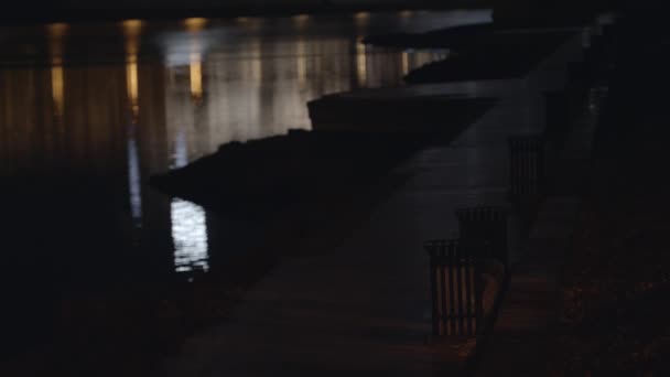 Городская тропа на набережной со скамейками ночью. Пустые скамейки, стоящие на набережной на фоне отраженных в водяных огнях города — стоковое видео
