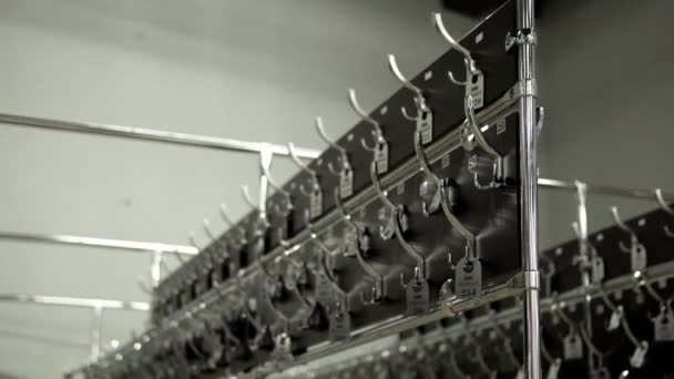 Rows of numbered hangers in dressing room. New metal hooks hangers in dressing room for outerwear with numbers in public building — Stock Video