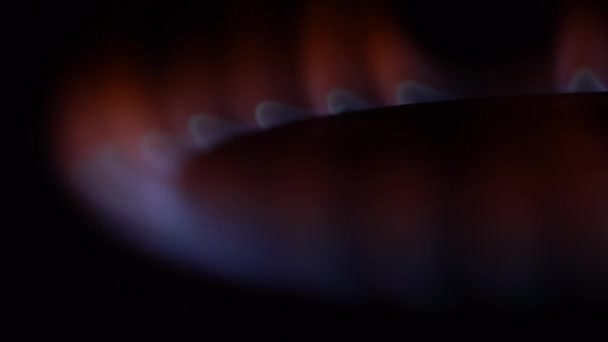 Close-up van brandende kachel brand in donker. Close-up van werkende gasbrander met zwak brand in keuken in donker — Stockvideo