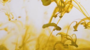 Yakın çekim splash su sarı boya. Güzel dumanlı etkisi dağıtım mürekkep Su damlacıkları. Parlak sarı boya beyaz arka plan üzerinde suda yumuşak dumanlı sıçrama