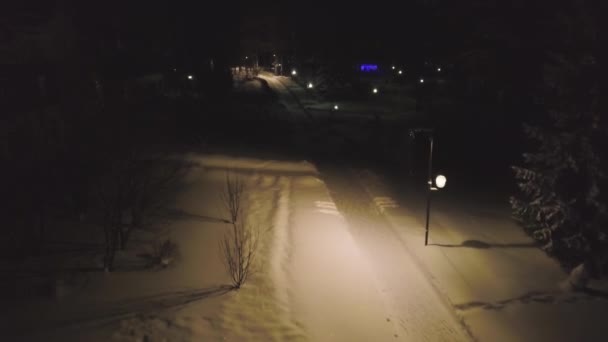 Caminhos cobertos de neve iluminados por luzes de rua na noite de inverno. Clipe. Vista superior de luzes de rua no parque de inverno perto de casas que iluminam por causa da escuridão — Vídeo de Stock
