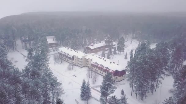 Bovenaanzicht van vakantieoord in bos in de winter. Clip. Mysterieuze weergave van resort base in wild naaldhout bos in bewolkt, mistig weer — Stockvideo