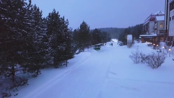 Chodniki na ścieżkę park zimą. Klip. Widok z góry rodziny pieszo w śniegu na drodze z latarniami hotelu w godzinach wieczornych w zimie — Wideo stockowe