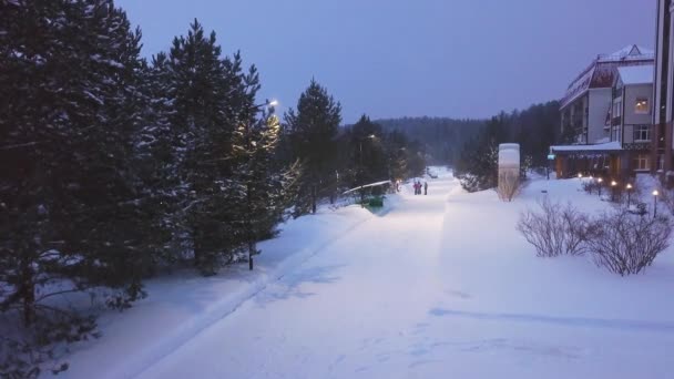 Sneeuw bedekte pad met lantaarns en wandelende mensen. Clip. Resort plaats met park en toeristen wandelen in de sneeuw weg met verlichting van lantaarns vanwege avond duisternis — Stockvideo