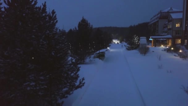 As luzes de rua iluminam o caminho com pessoas que andam no parque no inverno. Clipe. Bela noite de inverno com pessoas andando na queda de neve no parque turístico iluminado — Vídeo de Stock