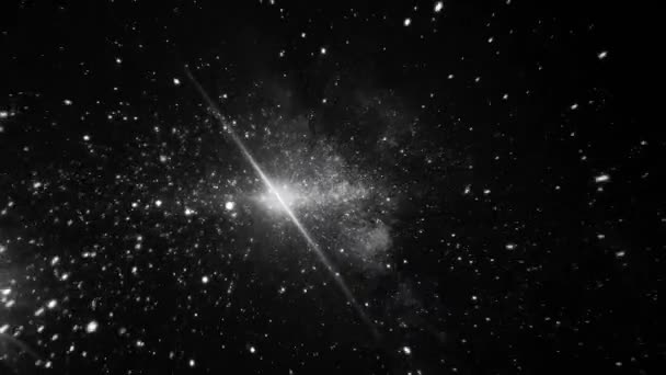 Flying through white star fields in deep, black space, monochrome. Flight through cosmos and nebulas, endless universe. — Stock Video