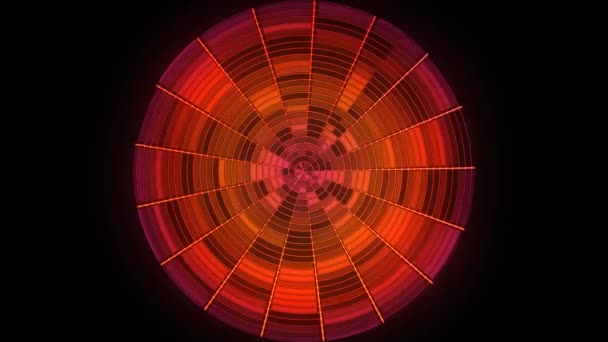 Abstrakt röd cirkel indelad i sektorer som roterande och skimmer oändligt på svart bakgrund. Glittrande cirkel med blinkande linjer spinning, sömlös loop. — Stockvideo