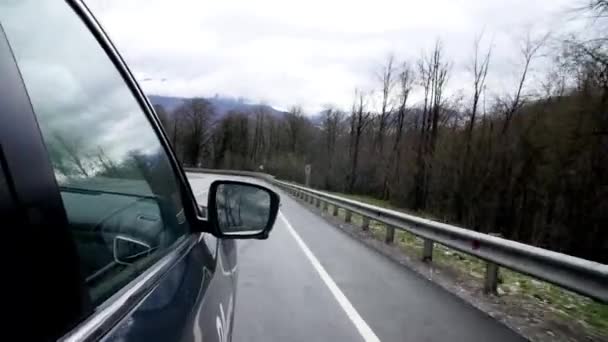 Passeios de carro na estrada sinuosa montanha. Espelho lateral do carro dirigindo ao longo da estrada da montanha sinuosa reflete árvores e céu nublado — Vídeo de Stock