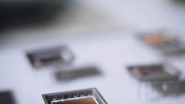 Close-up of microchip on legs. Electronic microchip with reflecting bronze surface on legs is on table with falling shadow — Stock Video