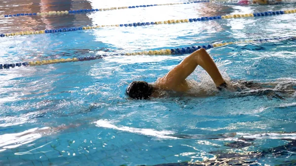 Hombre nadando en la piscina. Ajuste joven nadador masculino de entrenamiento en la piscina. Un joven nadando en la piscina. Joven atleta masculino nadando estilo libre en la piscina durante la competición —  Fotos de Stock