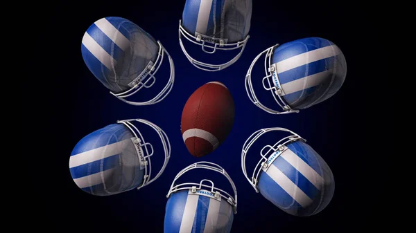 İplik ve siyah arka plan üzerine izole bir daire yapma bir ragbi topu ve mavi ve beyaz hemlets Soyut animasyon. Rugby donanımları, deri top Amerikan futbolu hemlets ile döner. — Stok fotoğraf