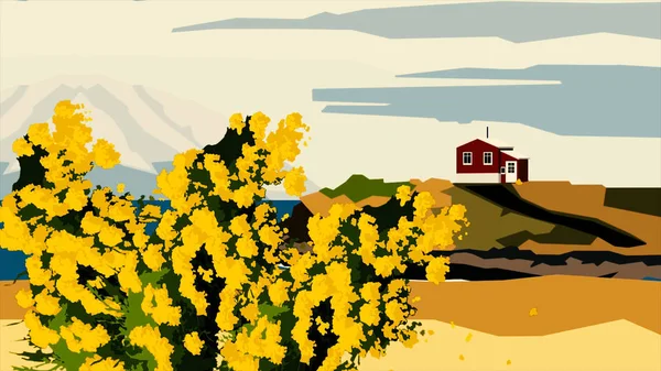 Cartoon animation of branches of mimosas in bloom, silhouettes of red house and high mountain in clouds on the background, abstract art concept. Mimosa bush swaying in the wind.
