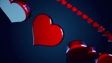 Soyut kırmızı kalpler uçan ve koyu mavi arka plan, sorunsuz döngü üzerinde bir daire içinde dönüyor. Sonsuz bir hareket ve iplik güzel kalpler.