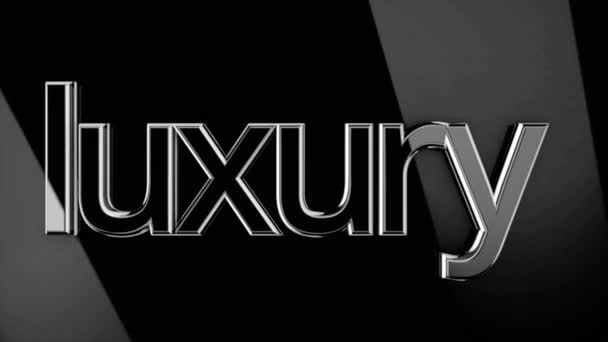 3D-woord luxe verplaatsen op zwarte achtergrond met brede balken van licht, zwart-wit. Volume teken luxe verplaatsen in de stralen van de zaklamp, naadloze loops. — Stockvideo