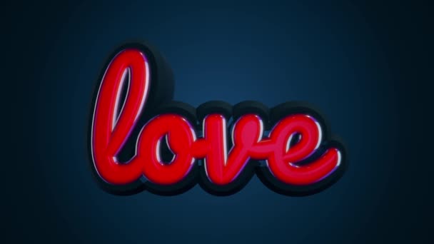 The word love is in small, red letters moving slowly on dark blue background. Volumetric letters and the inscription love making a half turn, seamless loop. — Stock Video