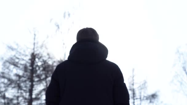 Vista posteriore dell'uomo in giacca calda in piedi e guardando gli alberi e grigio, cielo luminoso. Vista posteriore di un maschio che espira aria con il freddo . — Video Stock