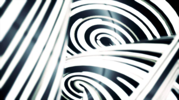 Abstract rotating glowing, black and white lines, fast motion background, seamless loop. Twisted, monochrome stripes moving endlessly and spinning.