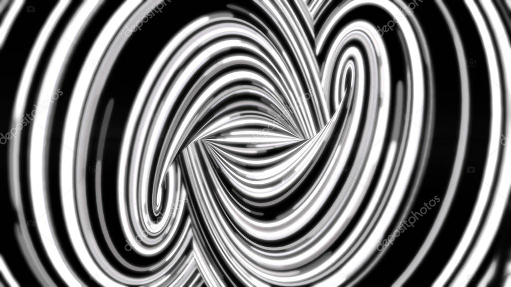 Abstract background with infinity sign formed by many narrow, blak and white lines, seamless loop. Curved, neon stripes moving endlessly monochrome.