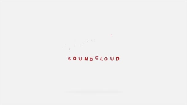 Animation bunter Soundcloud-Schriftzüge mit wolkenförmigem Logo auf weißem Hintergrund. Zeitlupenanimation. — Stockvideo