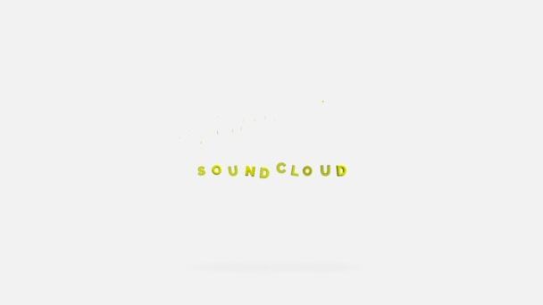 Animatie van kleurrijke Soundcloud belettering met cloud-vormige logo op een witte achtergrond. Slow motion animatie. — Stockvideo