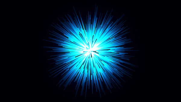 Abstract blue light ball with laser rays rotating on black background, seamless loop. Beautiful spinning sphere of neon light with many rays.