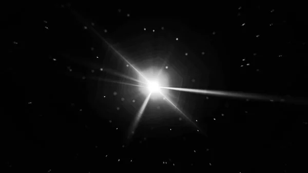 Abstract white star rays rotating intermittently with many small particles on black background, seamless loop. Bright light and small dots spinning endlessly, monochrome.