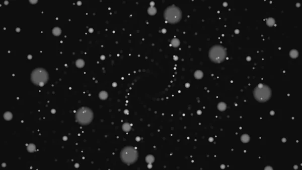 飛んでモノクロ黒の背景に白のドットと粒子の抽象的なスパイラル トンネル後方。輝くネオン ドット ツイスト漏斗. — ストック写真