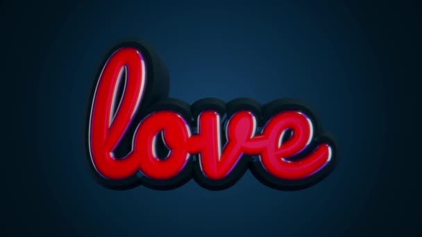 青の暗い背景に 3 d 赤い光沢のある愛のレタリングの抽象アニメーション。愛の概念. — ストック動画