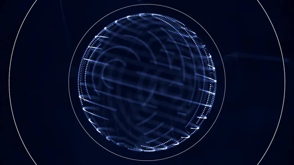 Sphère numérique transparente bleue avec de petits points mobiles sur sa surface en rotation nad recevant des signaux sur fond bleu foncé. Orbe de rotation abstrait composé de petites particules et d'ondes sonores . — Photo