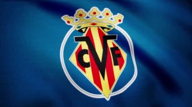 Saydam arka plan üzerinde FC Villarreal bayrak sallıyor. Fc Villarreal futbol kulübü logosu, sorunsuz döngü ile bayrak sallayarak yakın çekim. Editoryal animasyon