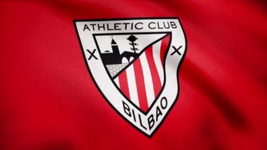 Saydam arka plan üzerinde FC Athletic Bilbao bayrak sallıyor. Athletic Bilbao Fc futbol kulübü logosu, sorunsuz döngü ile bayrak sallayarak yakın çekim. Editoryal animasyon