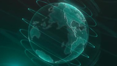 Piksel planet Earth animasyon. Animasyon alanı dijital patlayan dünya, soyut dünya harita arka plan ile. Dönen küre kıta ile aksanlı kenarları parlayan,