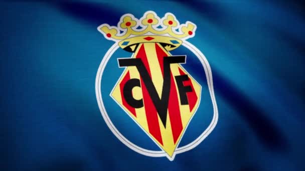 FC Villarreal vlag is zwaaien op transparante achtergrond. Close-up van de vlag met Fc-Villarreal voetbal club logo, naadloze loops zwaaien. Redactionele animatie — Stockvideo