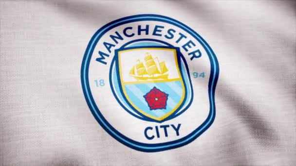 Manchester City Football Club flaga macha na przezroczystym tle. Zbliżenie: macha flagą z klubu piłkarskiego Manchester City football club logo, Płynna pętla. Redakcji animacji — Wideo stockowe