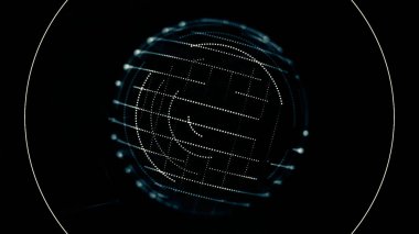 Dijital, mavi şeffaf küre siyah arka plan üzerine sinyalleri alma nad dönen yüzeyinde küçük hareketli noktalı. Küçük parçacıklar ve ses dalgaları oluşan soyut dönen Küre.