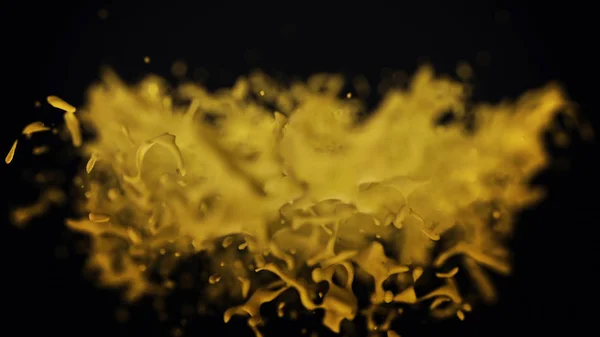 Schöne, abstrakte, gelbe Wasserspritzer, die in gefrorener Aktion auf schwarzem Hintergrund rotieren, nahtlose Schlaufe. Goldene Wasserspritzer, die sich drehen, aus nächster Nähe. — Stockfoto