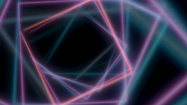 Déplacement néon portes carrées simples, formant un tunnel, animation en boucle transparente. Néon, carrés colorés volant et tournant sur fond de bkack . — Photo