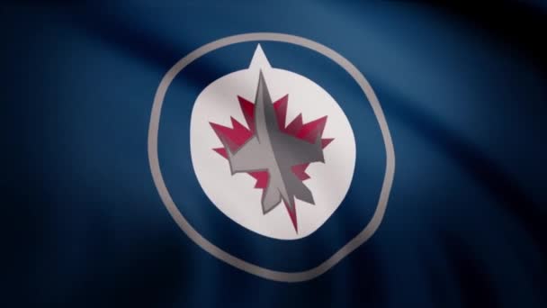 Închide steagul fluturând cu logo-ul echipei de hochei Winnipeg Jets NHL, buclă fără sudură, fundal albastru. Animație editorială — Videoclip de stoc