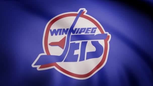 Close-up of waving flag with Winnipeg Jets NHL hockey team logo, seamless loop, blue background. Editorial animation — Stock Video