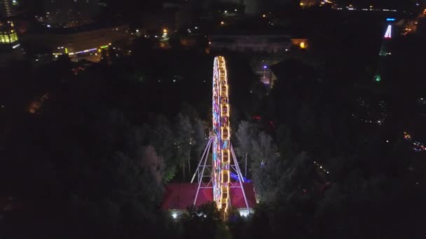 Parque de atracciones Aerial Shot Night City Lights. Clip. Vista aérea frente móvil de la hermosa rueda de la fortuna en el fondo iluminando la noche de verano — Vídeo de stock