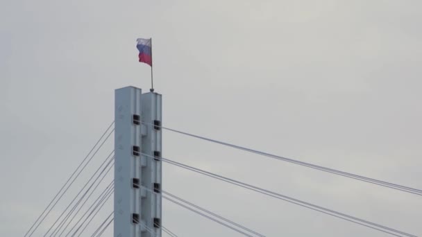 Bandiera della Federazione Russa sventola nel vento sulla cima del ponte. Azioni. Bandiera russa sulla cima di un ponte su sfondo grigio cielo nuvoloso . — Video Stock